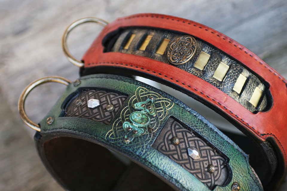 Caracal leather dog collar red and green